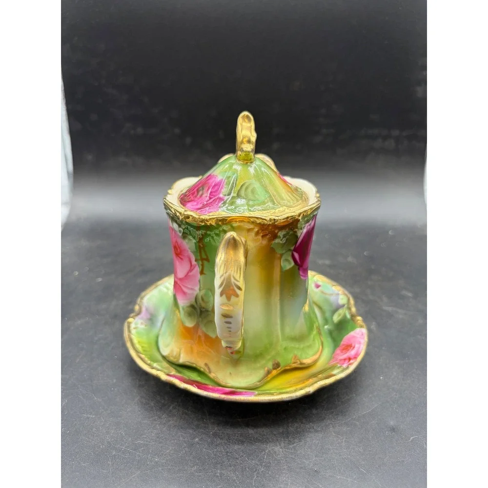 Vintage Hand Painted Porcelain Rose Creamer Pitcher with Saucer and Lid Gilt